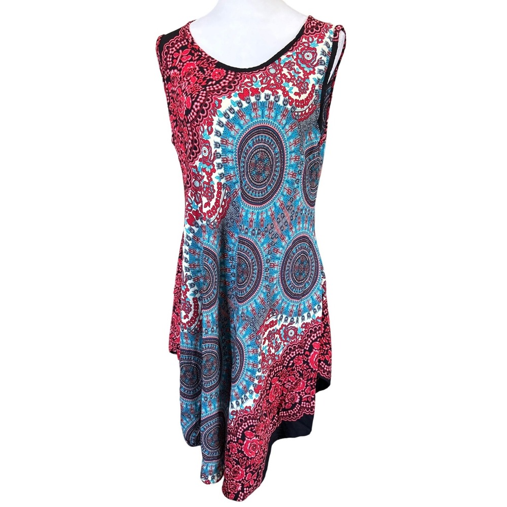 Mandala‎ Print Tunic Dress Red Blue Boho Cotton Handkerchief Hem Sleeveless L